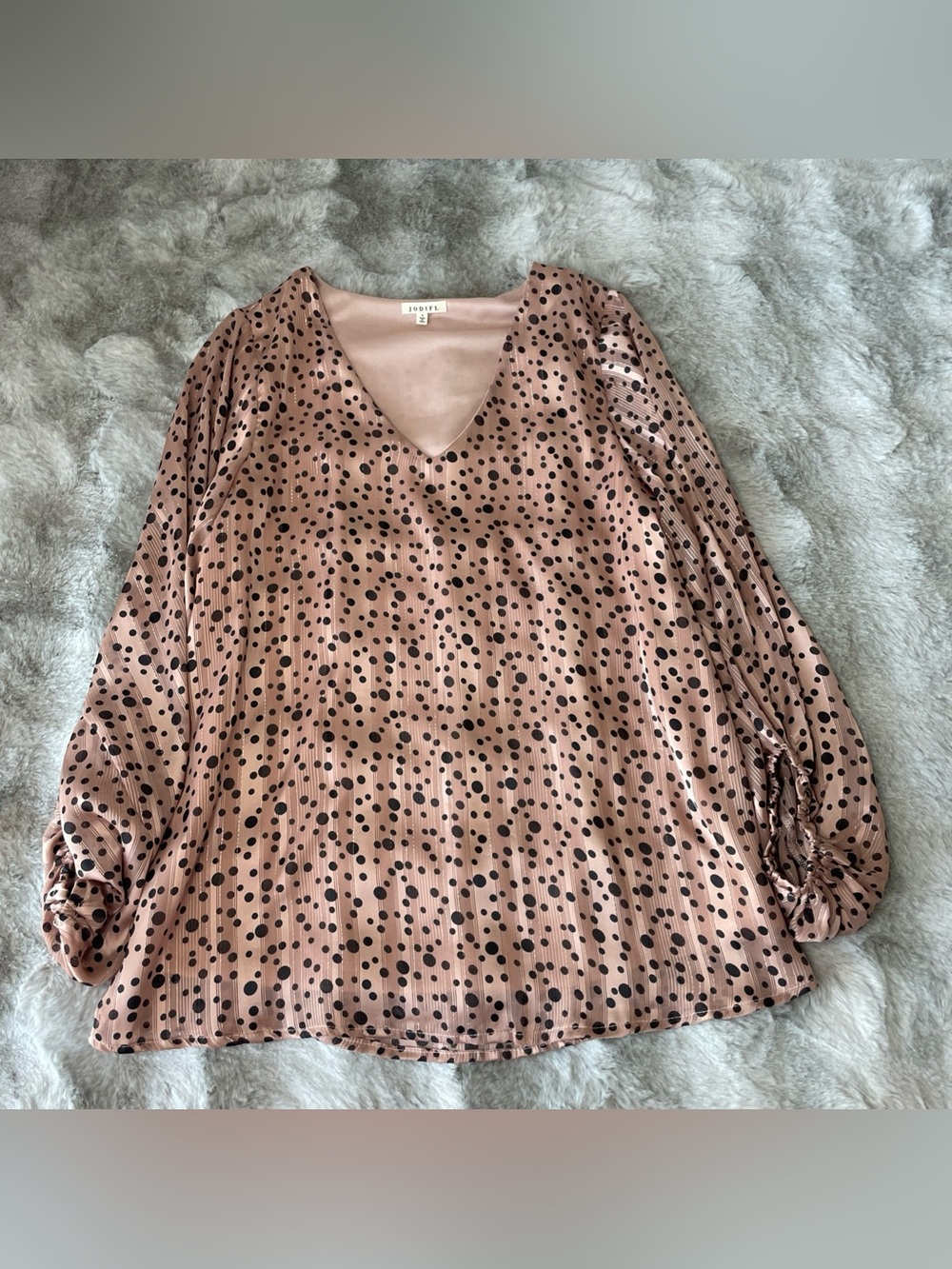 JODIFL Top Rose Beige Black Polka Dot Shimmery Tunic SZ-S Party Glam Boho-0323